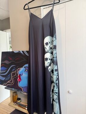 ✨ Gothic Skull Print Maxi Slip Dress XL | Grunge Emo Alternative A-Line Gown